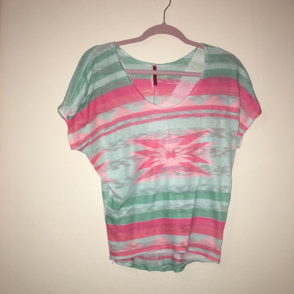 Pink and teal patterned shirt